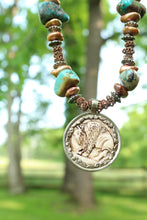 Load image into Gallery viewer, ARB- Bone Carved 2 Sided Buffalo/Indian Coin Turquoise Necklace