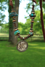 Load image into Gallery viewer, ARB- Bone Carved 2 Sided Buffalo/Indian Coin Turquoise Necklace