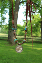 Load image into Gallery viewer, ARB- Bone Carved 2 Sided Buffalo/Indian Coin Turquoise Necklace
