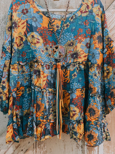 Easel- Curvy Boho Floral Ruffle Top