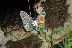 Necklace- Butterfly Vintage Tin Greens