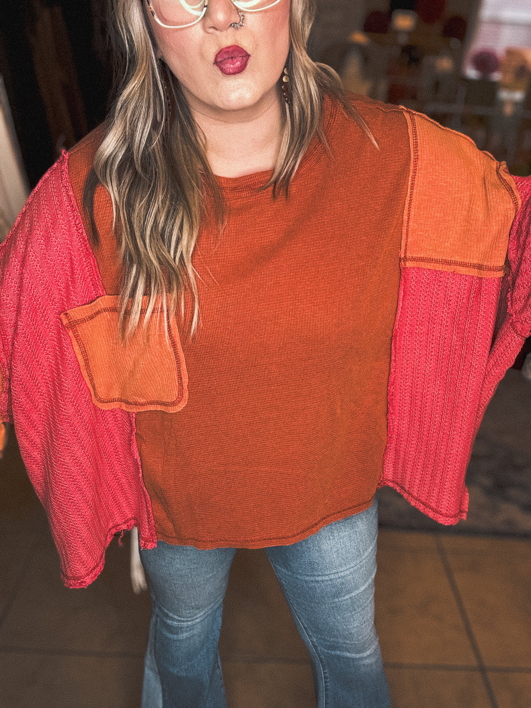 POL- Coral Waffle Knit Top Pocket