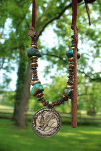 ARB- Bone Carved 2 Sided Buffalo/Indian Coin Turquoise Necklace