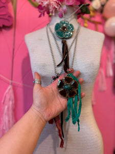 Necklace- Brown Ceramic Flower Turquoise Center
