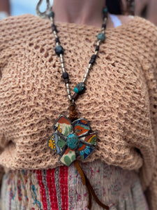 Necklace- Vintage Tumbled Mexican Tile Flower