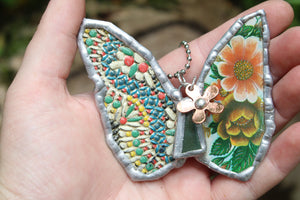 Necklace- Butterfly Vintage Tin Greens