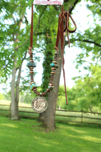 ARB- Bone Carved 2 Sided Buffalo/Indian Coin Turquoise Necklace
