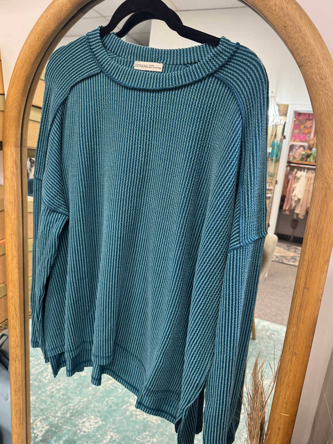 Zenana- Curvy Teal Ribbed Boat Neck Sweater