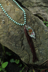 Necklace- Vintage Tin Pendant Genuine Leather