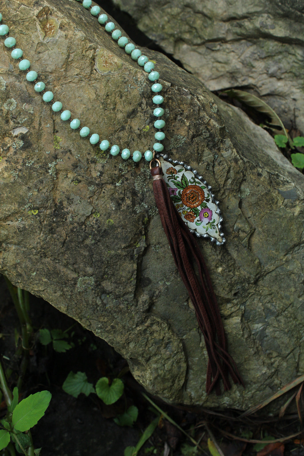 Necklace- Vintage Tin Pendant Genuine Leather