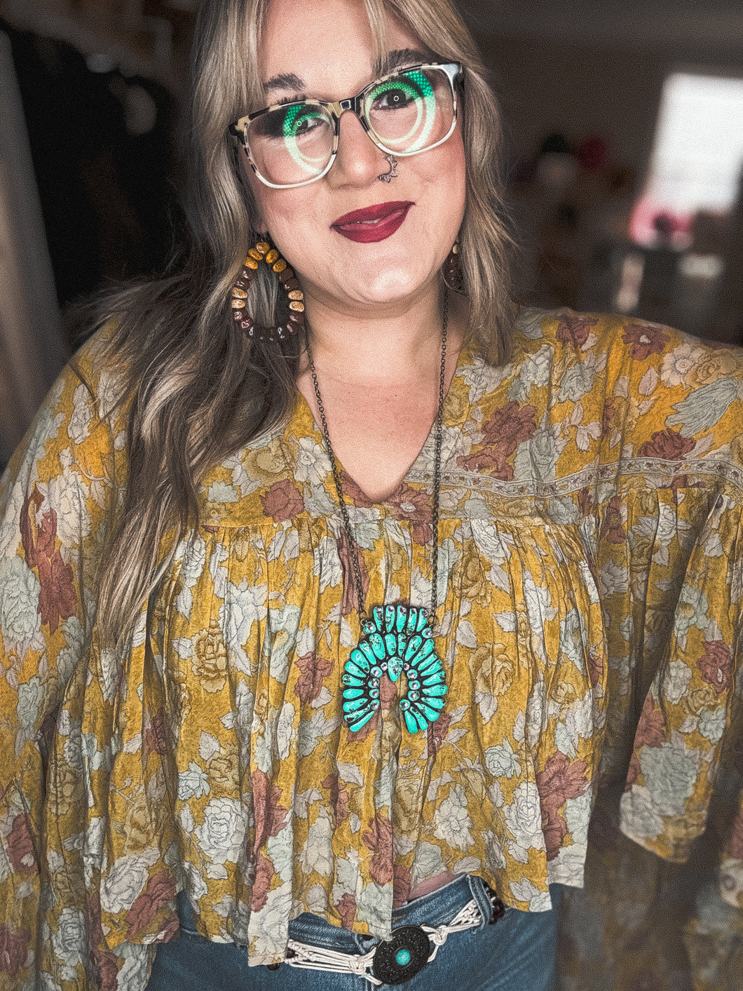 NECKLACE- Jeweled Clay Turquoise Squash Blossom