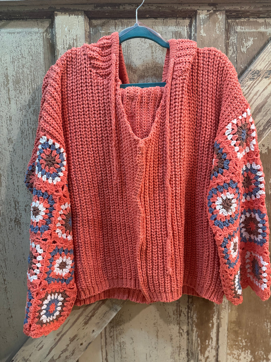 POL- Coral Granny Square Bell Sleeve Chenille Hoodie Sweater