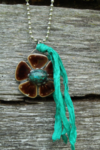 Necklace- Brown Ceramic Flower Turquoise Center