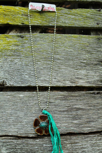 Necklace- Brown Ceramic Flower Turquoise Center