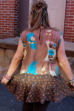 Load image into Gallery viewer, Get Ready Ruffle Tunic Blue Flower Brown
