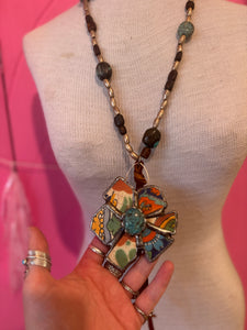 Necklace- Vintage Tumbled Mexican Tile Flower