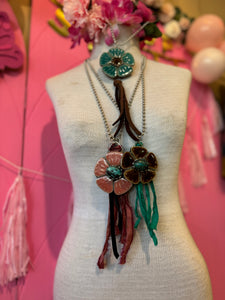 Necklace- Brown Ceramic Flower Turquoise Center