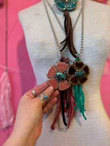 Necklace- Brown Ceramic Flower Turquoise Center