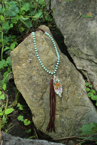 Necklace- Vintage Tin Pendant Genuine Leather