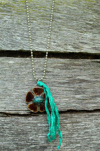 Necklace- Brown Ceramic Flower Turquoise Center