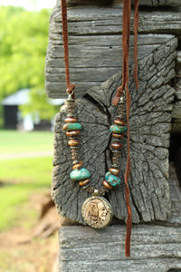ARB- Bone Carved 2 Sided Buffalo/Indian Coin Turquoise Necklace