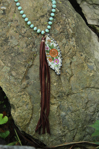 Necklace- Vintage Tin Pendant Genuine Leather