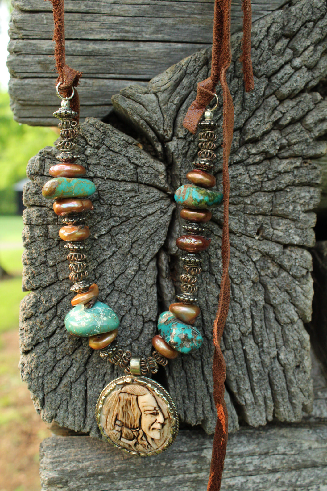 ARB- Bone Carved 2 Sided Buffalo/Indian Coin Turquoise Necklace