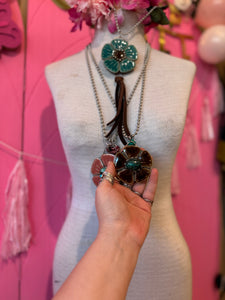 Necklace- Brown Ceramic Flower Turquoise Center