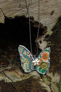 Necklace- Butterfly Vintage Tin Greens