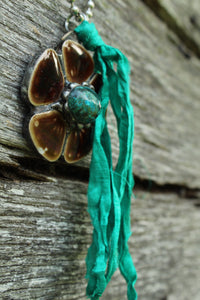 Necklace- Brown Ceramic Flower Turquoise Center