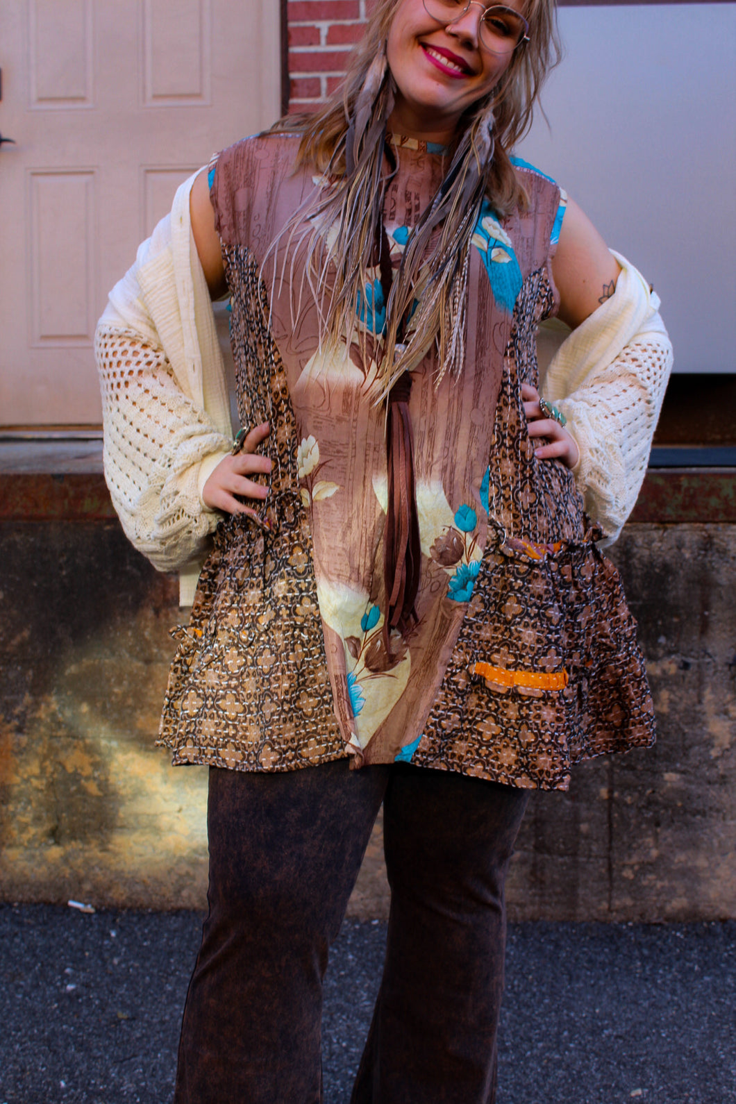 Get Ready Ruffle Tunic Blue Flower Brown