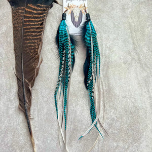 FF- Longer Turquoise Feather Earrings Black Leather Wrap