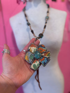 Necklace- Vintage Tumbled Mexican Tile Flower